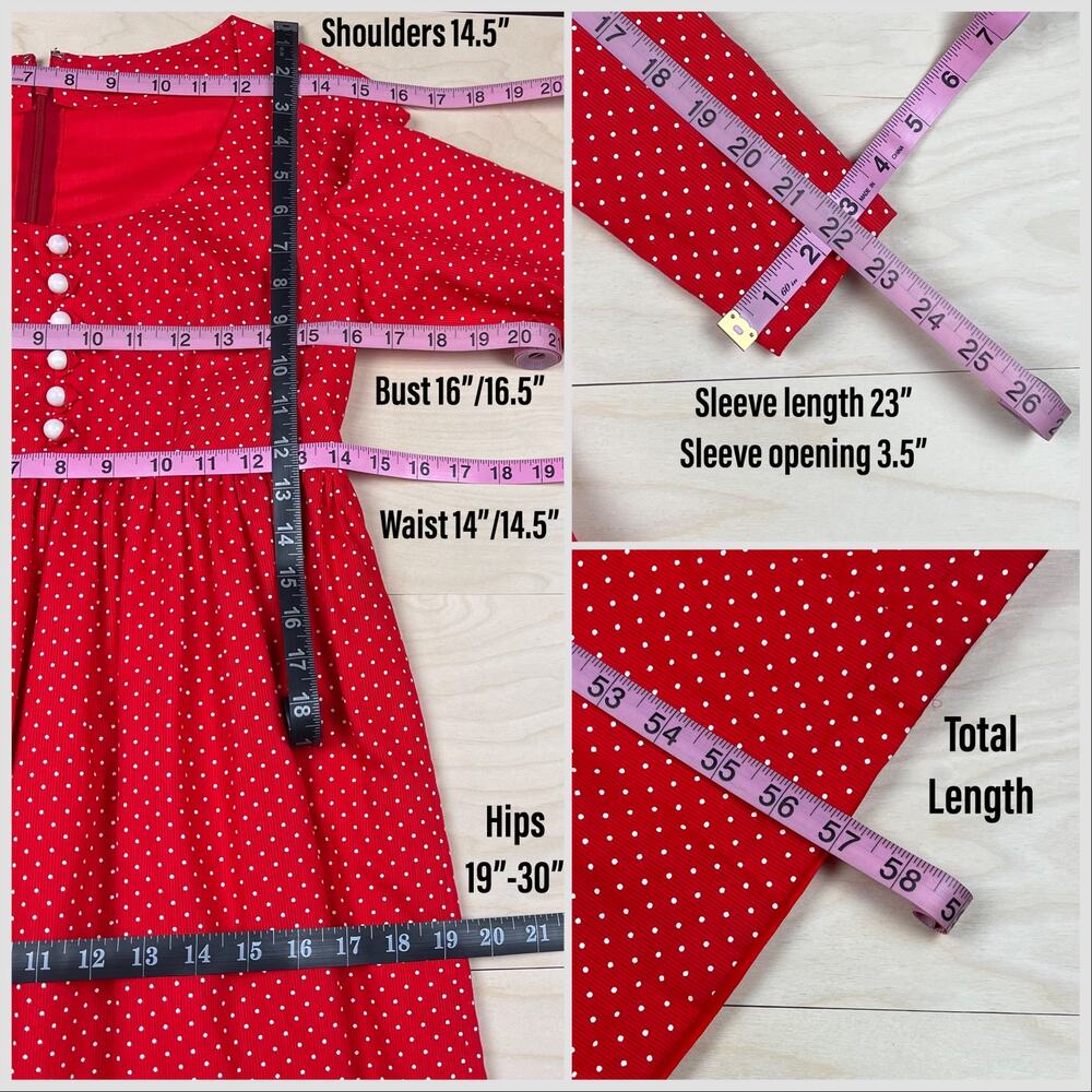 Vintage 1970s Red & White Polka Dot Long Sleeve A-Line Maxi Prairie Dress - Picture 7 of 8